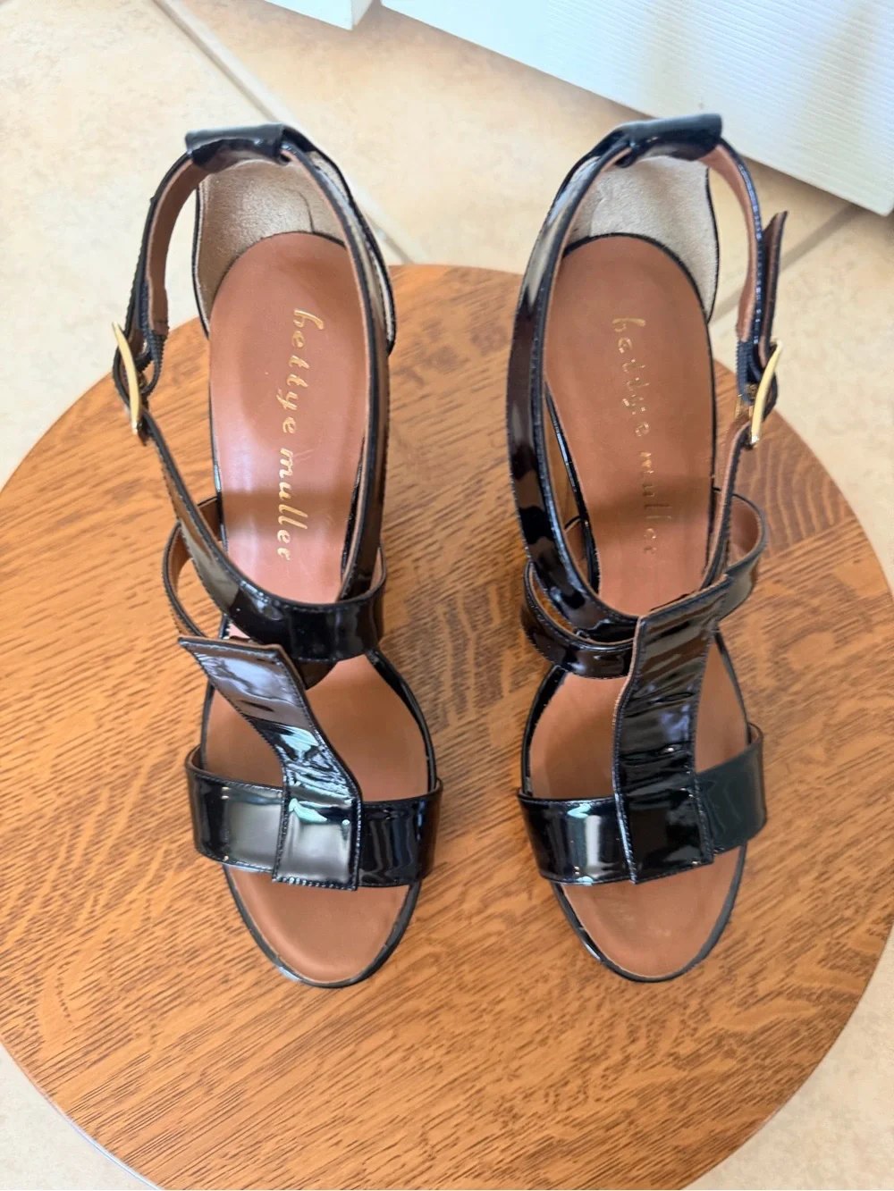 Bettye Muller Retro Black Patent Platform Sandals with Wood-Effect Block 4” Heel